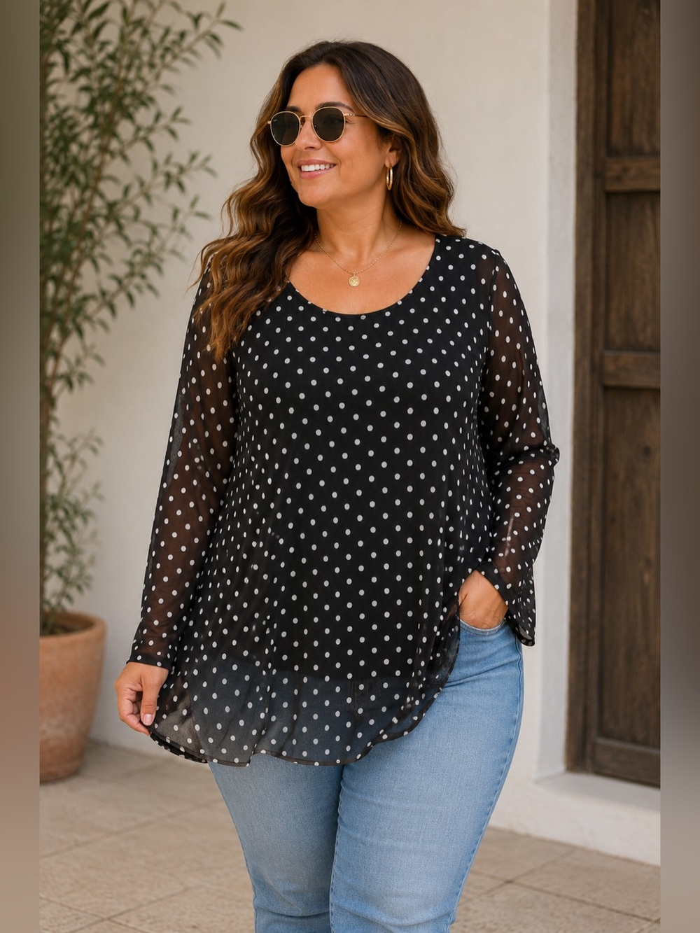 Wilde Black & White Polka Dot Sheer Overlay Long Sleeve Top with Stretch 2X
